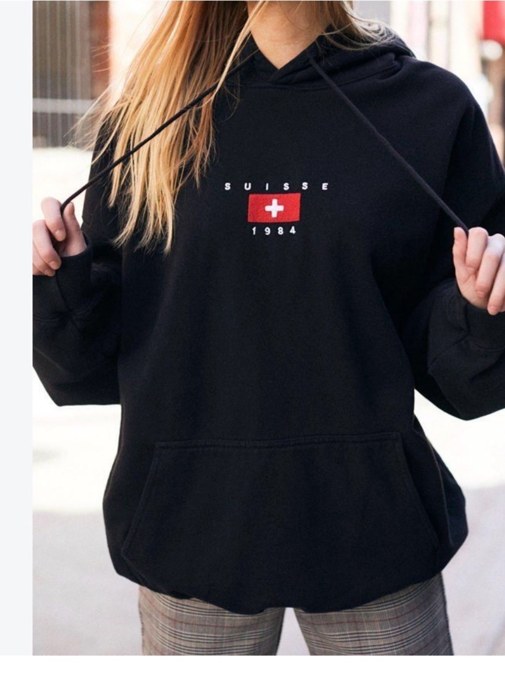 Brandy Melville Black Suisse 1984 Hoodie with Red Swiss Flag